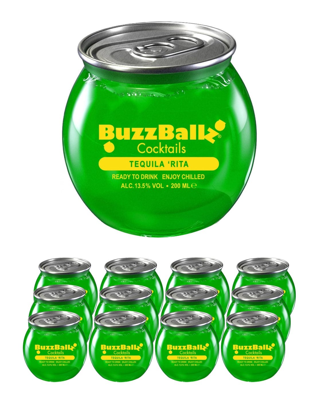 Bright green, round cocktail cans labeled "BuzzBallz Tequila Rita," featuring a silver pull-tab lid, arranged in a 12-pack with each can holding 200 ml and 13.5% alcohol.
