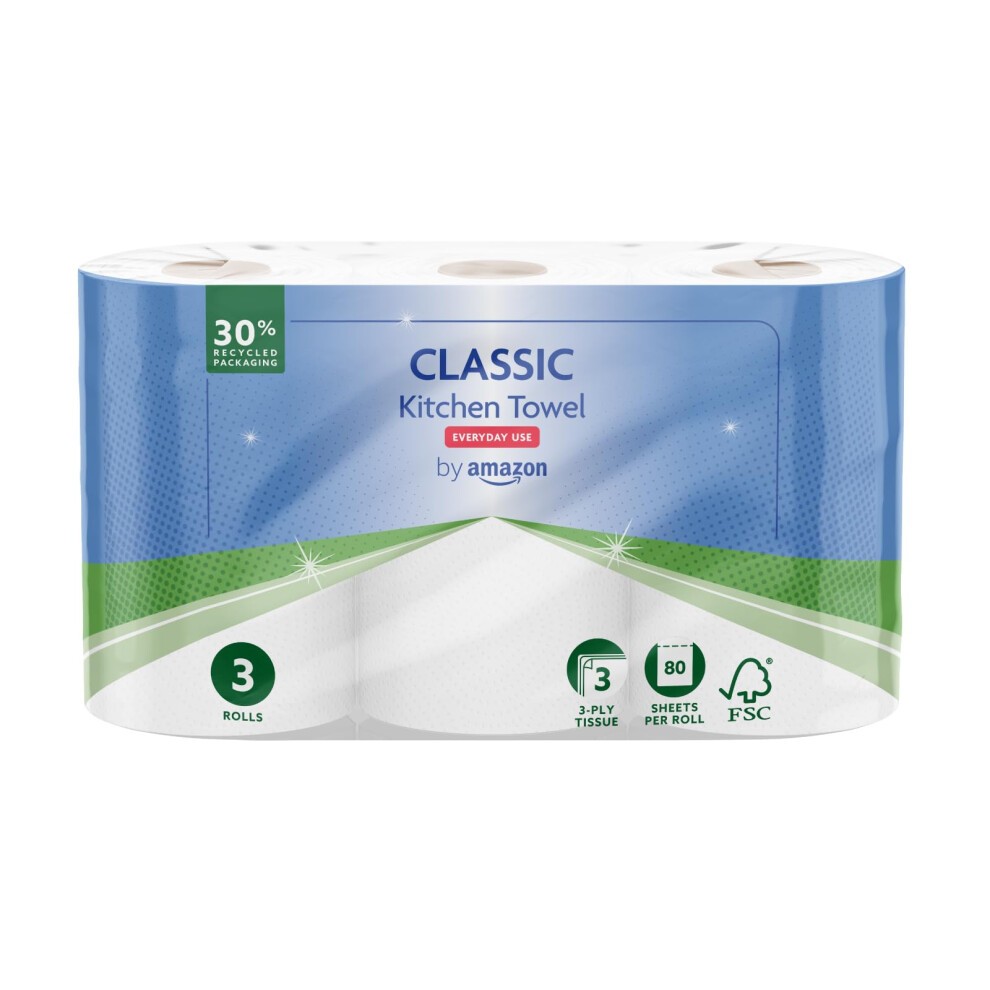 Classic Kitchen Roll pack featuring three 3-ply rolls, strong and absorbent, with 80 sheets per roll, in blue and green packaging, labeled FSC Certified and suitable for everyday use.