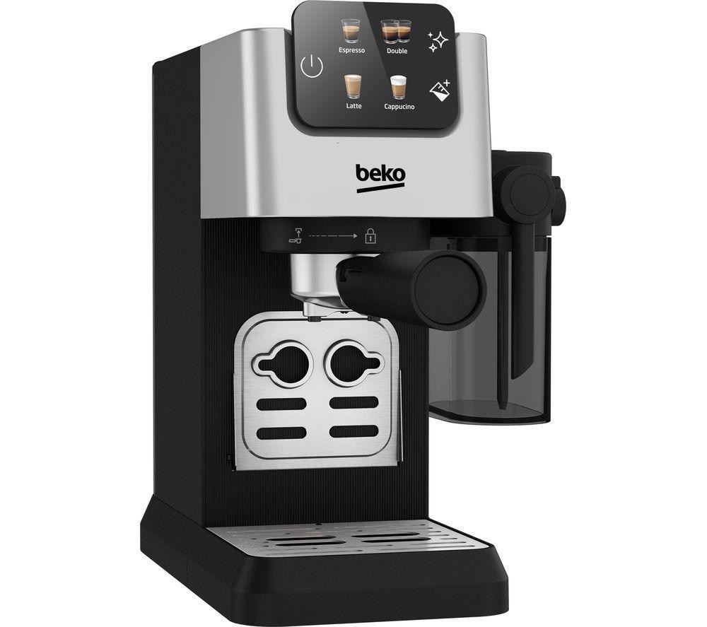 Manual espresso machine in black with a stainless steel front, integrated milk jug, and control panel featuring icons for espresso, double, latte, and cappuccino options.