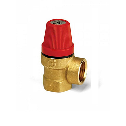 Brass safety relief valve with a red plastic cap, featuring female x female threads and a 1/2 inch size, designed for 3 bar pressure applications.