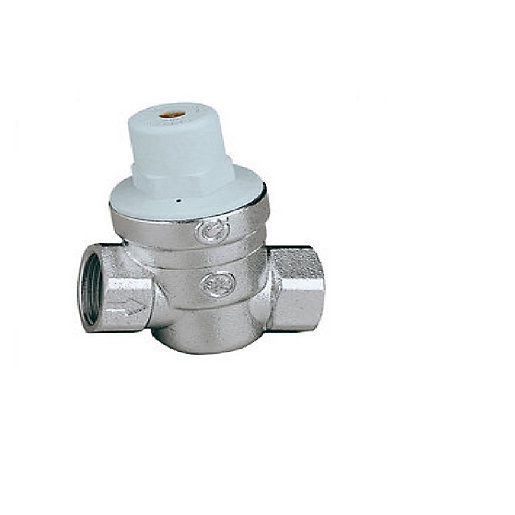 Caleffi Altecnic 533 pressure reducing valve in silver metal with a white plastic top, featuring a compact design and no gauge, suitable for 3/4 inch connections.