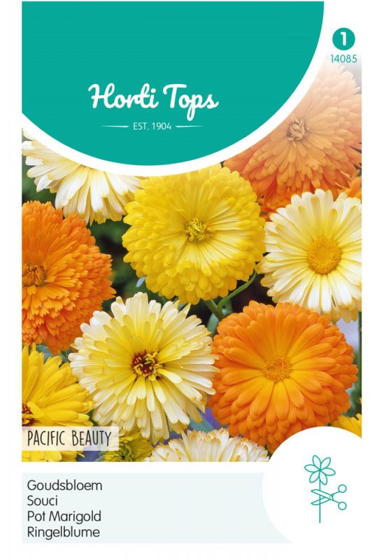 Brightly colored packet featuring vibrant orange and yellow marigold flowers, labeled "Hortitops Bloemzaden - Goudsbloem (Calendula)" by De Ree, with a turquoise background.