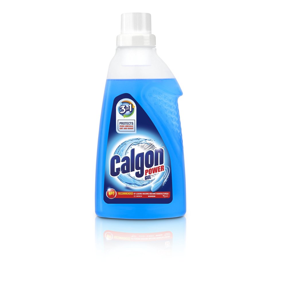 Calgon 4in1 Water Softener Gel in a blue plastic bottle, featuring a white cap and a textured grip, labeled with "Calgon" and product details prominently displayed.