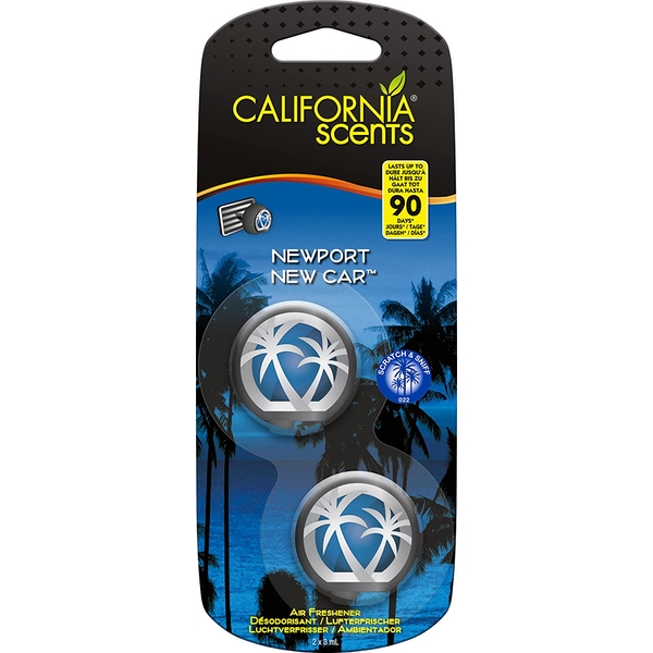 California Scents Newport New Car Mini Diffuser in a pack of four, featuring a sleek silver design with palm tree graphics, ideal for freshening car interiors.