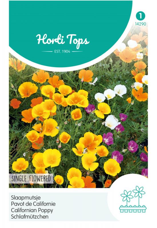 Brightly colored seed packet featuring a mix of yellow and orange California poppies with a green header, labeled "Horti Tops" and "Slaapmutsje" in Dutch.