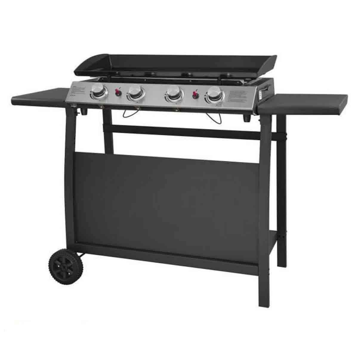 Black 4-burner gas plancha with stainless steel top, featuring four control knobs, side shelves for prep space, and a sturdy black stand with wheels for mobility.