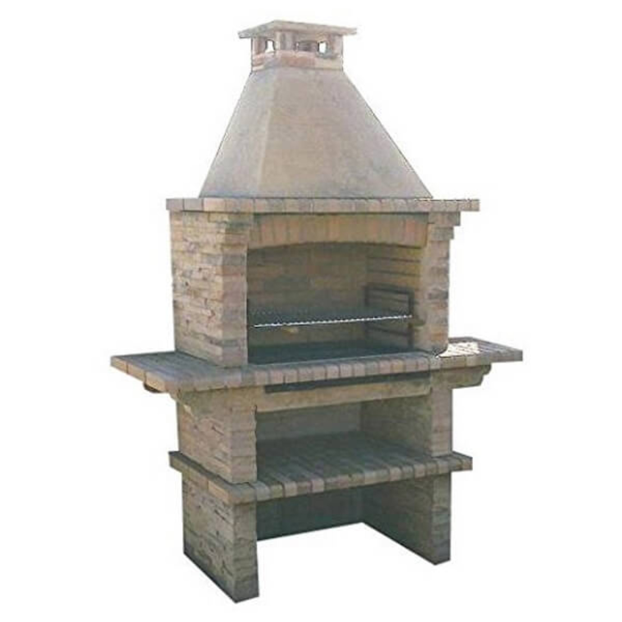Brown stone masonry BBQ with a tall chimney, featuring an open grilling area, two sturdy shelves, and a rustic design, ideal for outdoor cooking.