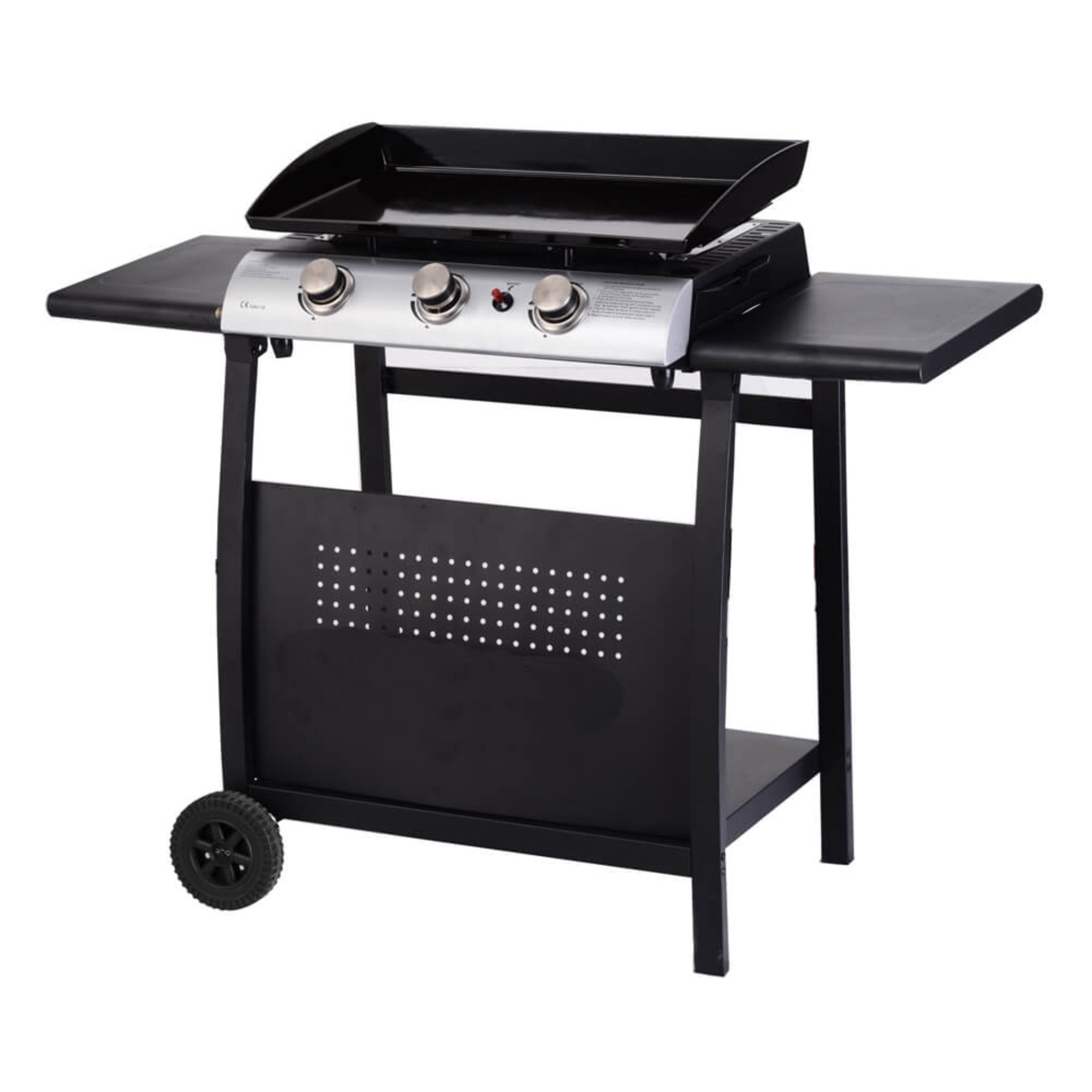 Three-burner gas plancha in black with a stainless steel control panel, featuring two side tables and a sturdy stand on wheels for mobility.