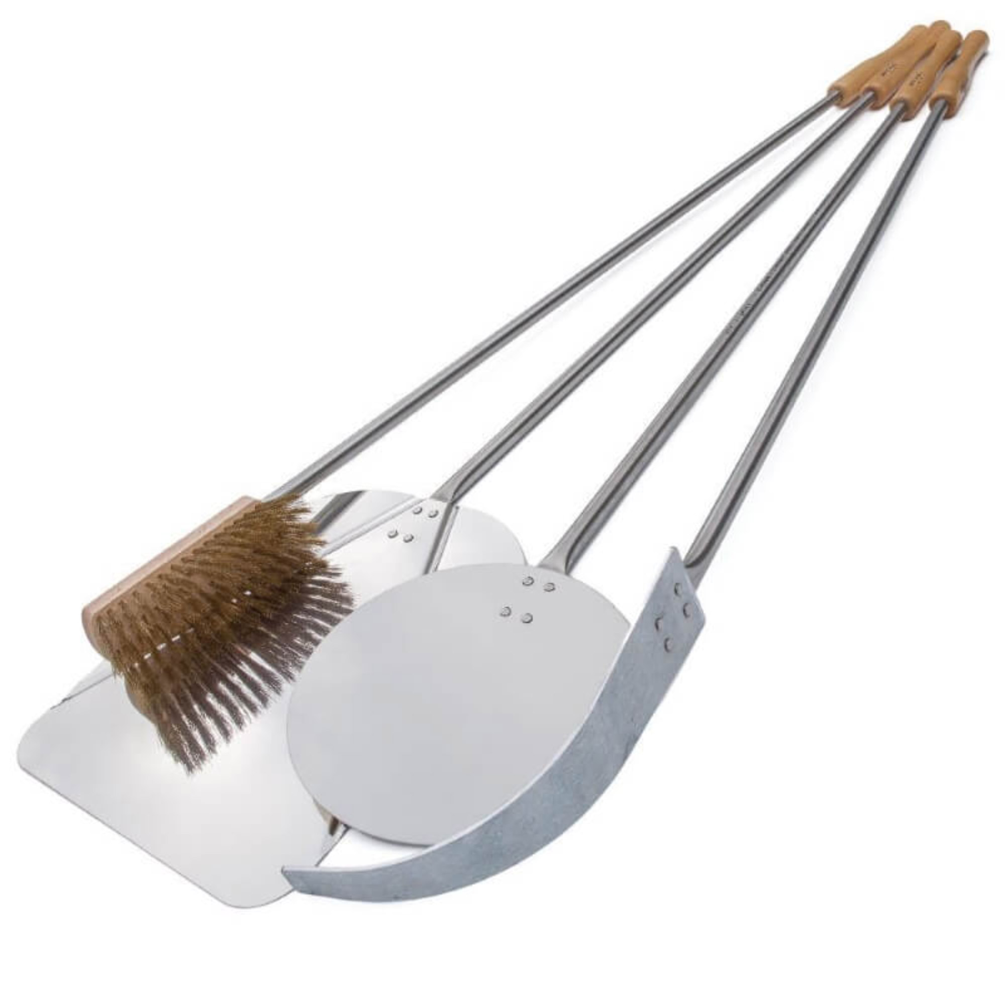 Premium stainless steel pizza oven tool set in silver, featuring a pizza peel, brush, and cutter with wooden handles for easy grip and use.