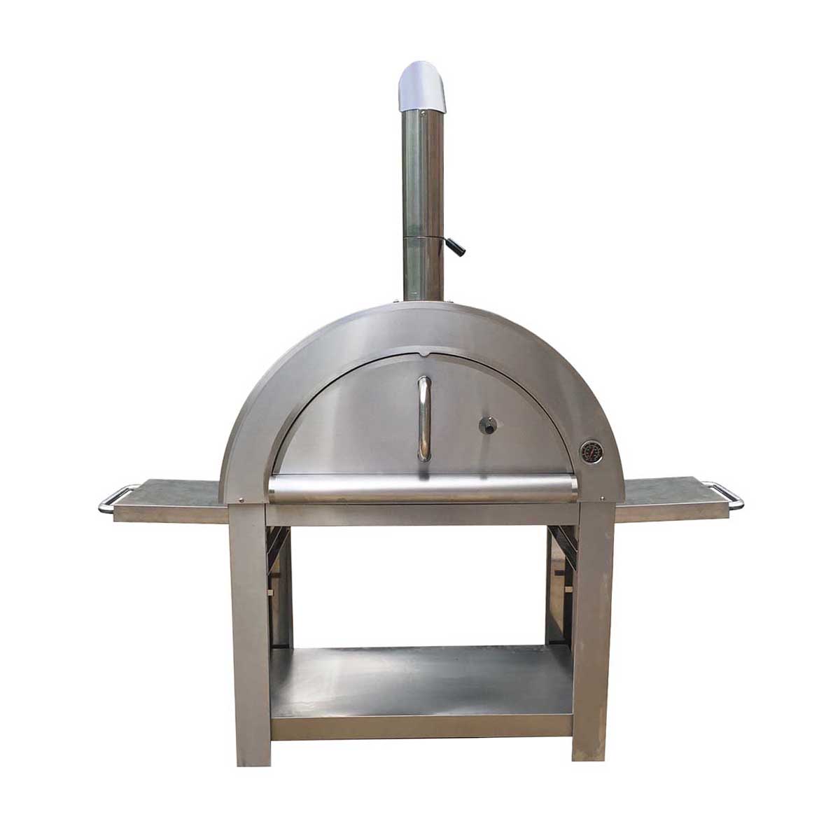 Large silver stainless steel pizza oven with a rounded top, chimney, front door, and side shelves, featuring a sturdy base and an open storage area below.