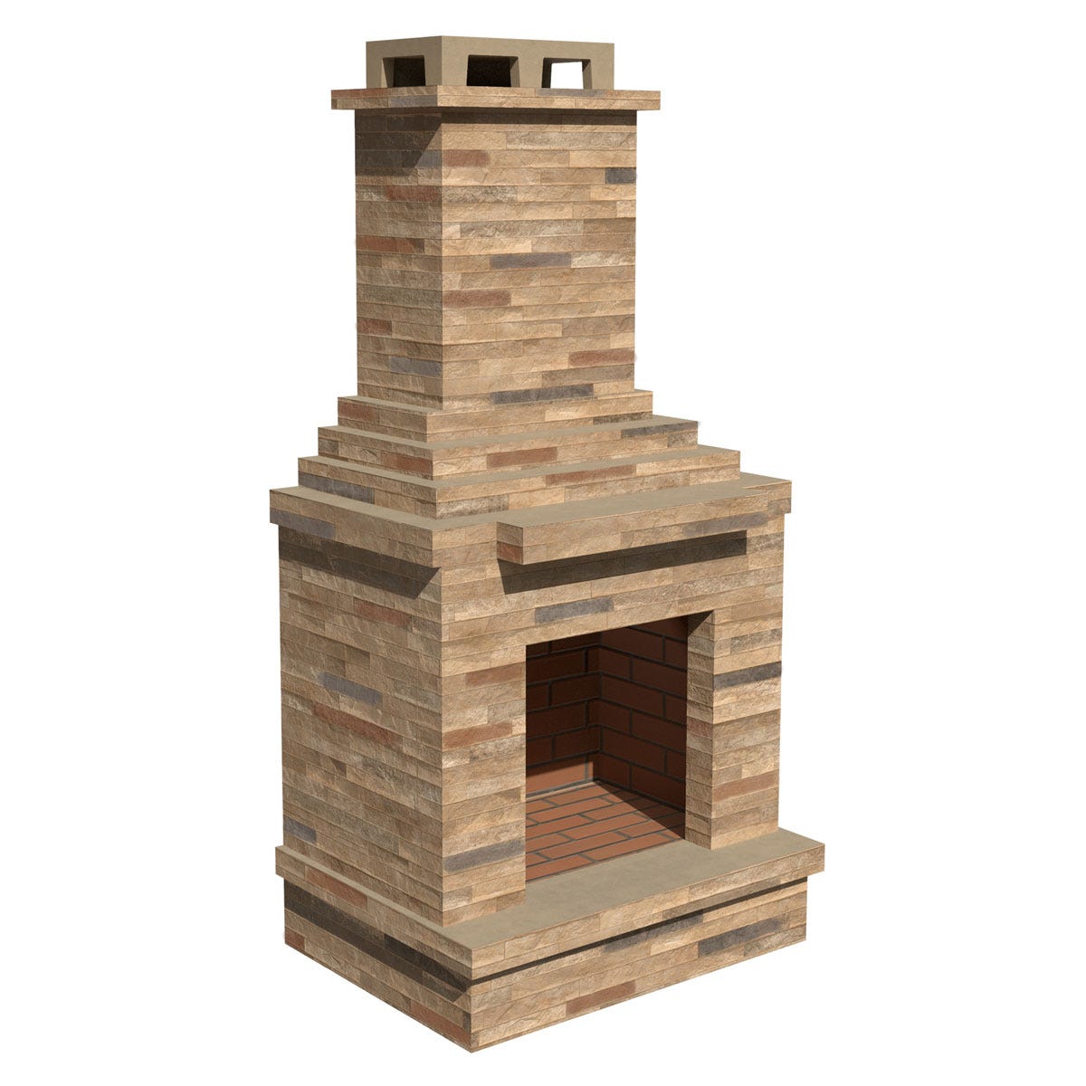 Brown stone outdoor wood-burning fireplace kit featuring a tall chimney, textured stone finish, and a brick-lined firebox, designed for self-assembly.