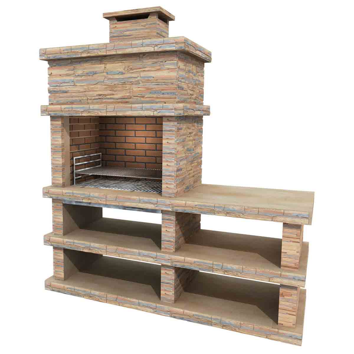 Light stone BBQ in brown with a brick interior, featuring a chimney, grilling grate, and multiple open shelves for storage.