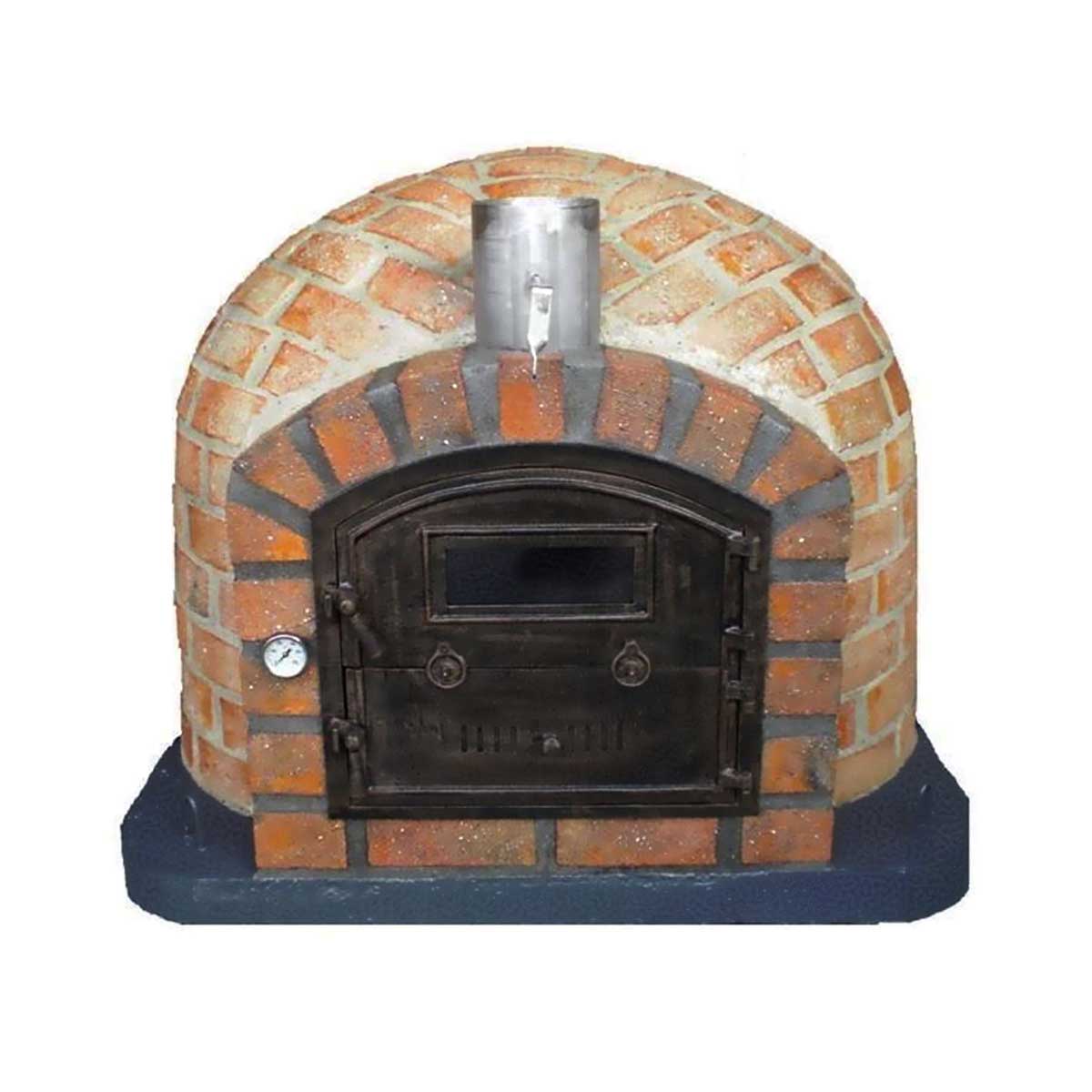 Brown brick pizza oven with an arched design, featuring a metal chimney, a black metal door with a window, and a built-in thermometer on the side.