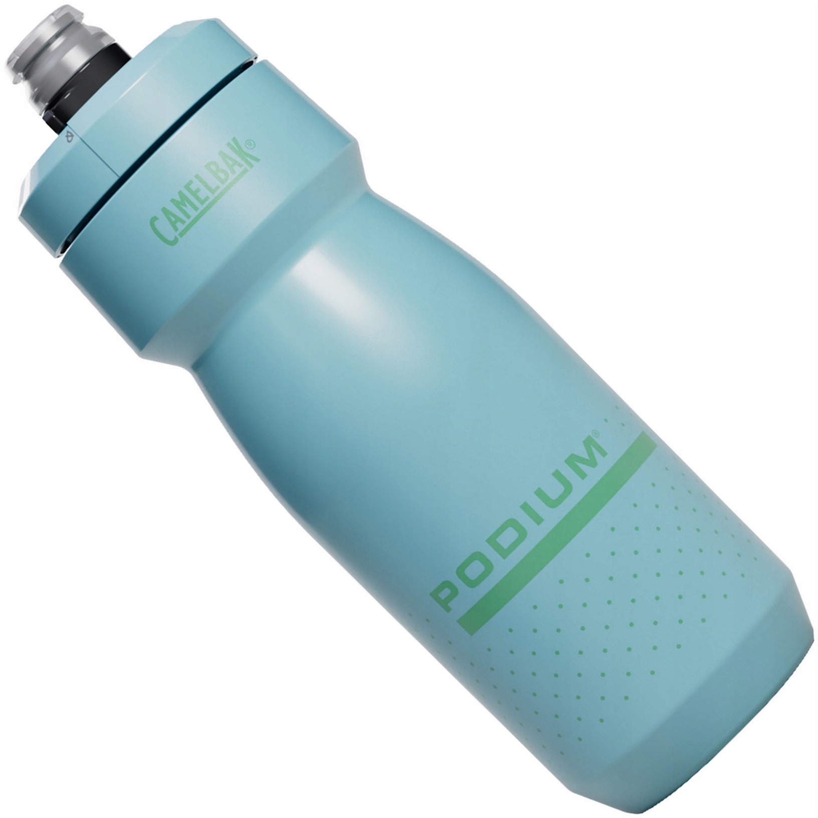 Crystal blue 24 oz CamelBak Podium water bottle featuring a textured grip, wide mouth opening, and a black nozzle for easy sipping.