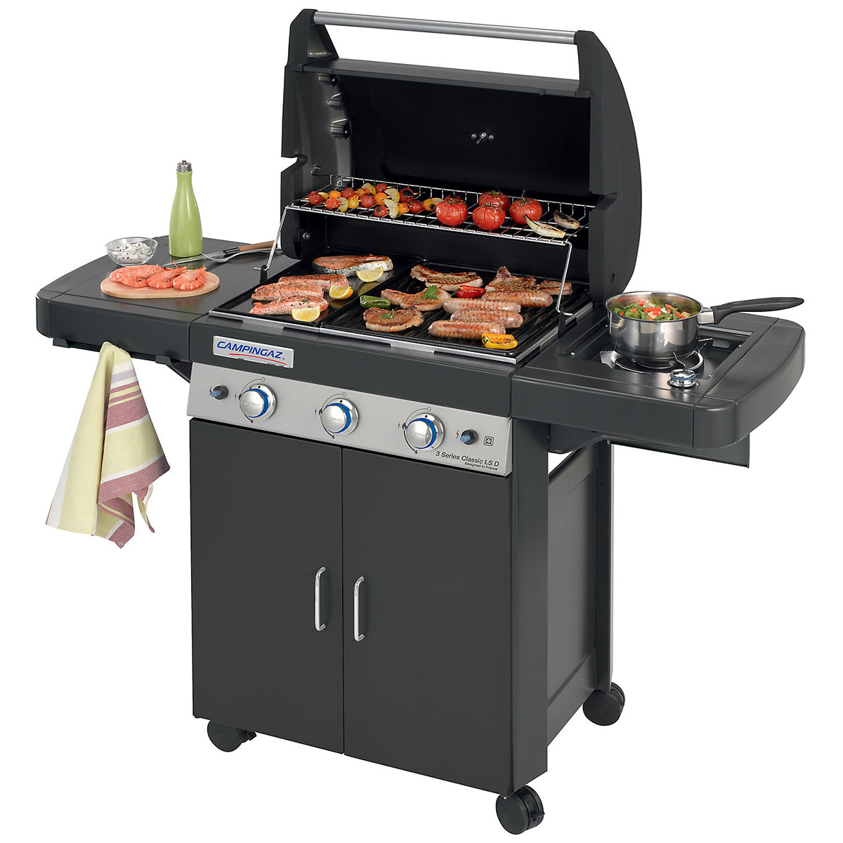 Black Campingaz 3 Series Classic LS gas BBQ grill features three burners, a spacious cooking area with grilling and griddle sections, and a cabinet with wheels for mobility.