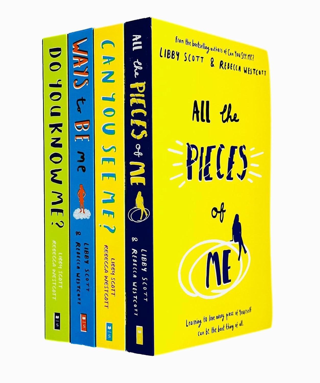 Four colorful book spines featuring the titles "Do You Know Me?", "Ways to Be Me", "Can You See Me?", and "All the Pieces of Me", with bright yellow and blue covers, aimed at young readers.
