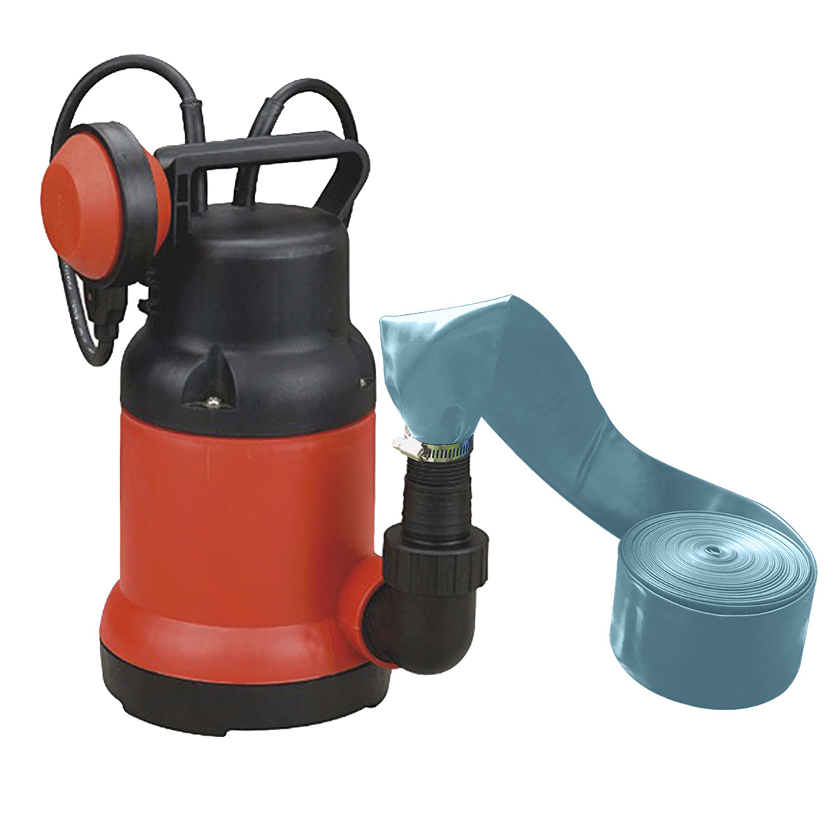 Red submersible clean water pump with a black body, featuring a hose attachment and a rolled blue discharge hose, designed for use in hot tubs by Canadian Spa Company.