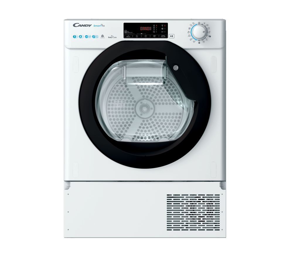 Candy 7kg fully integrated heat pump dryer in white, featuring a black door, digital display, control dial, and vent at the bottom for efficient drying performance.