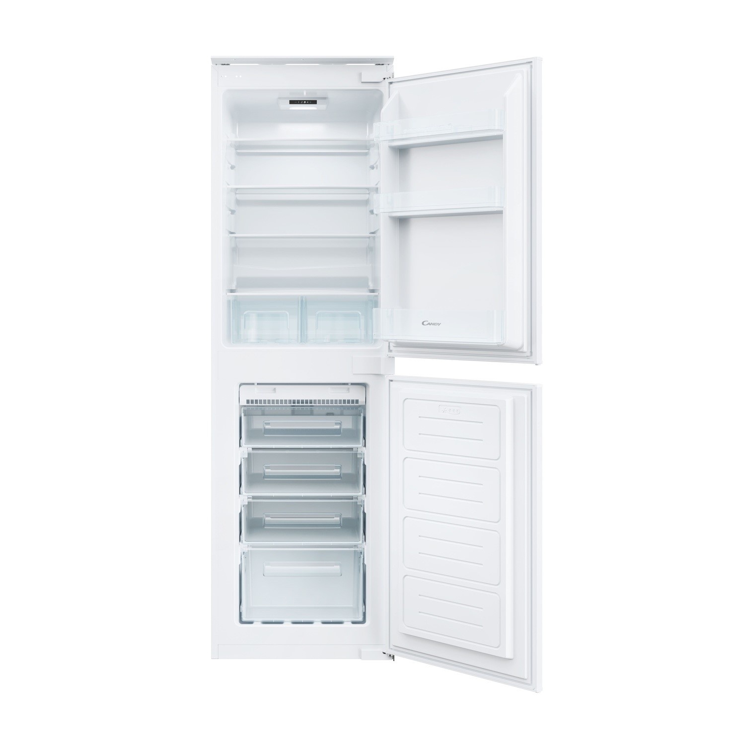 Integrated 50/50 fridge freezer with a sliding hinge, featuring a sleek white exterior, multiple shelves, and clear storage drawers for easy organization.