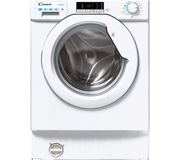 White Candy CBD495D2WE washer dryer with a front-loading design, large glass door, digital display, control knobs, and a sleek, modern finish.