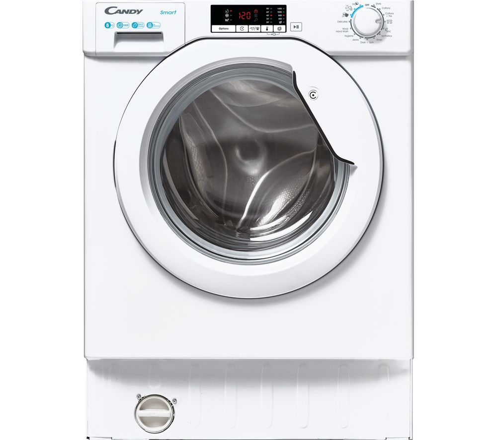 White front-loading washing machine with a circular glass door, digital display, control knobs, and a sleek, modern design.