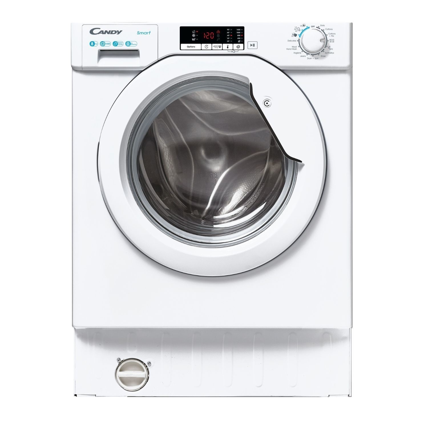 White built-in washing machine with a transparent front door, digital display, control panel with buttons, and a 1400 RPM spin speed, model Candy CBW48D2W4, 8KG capacity.