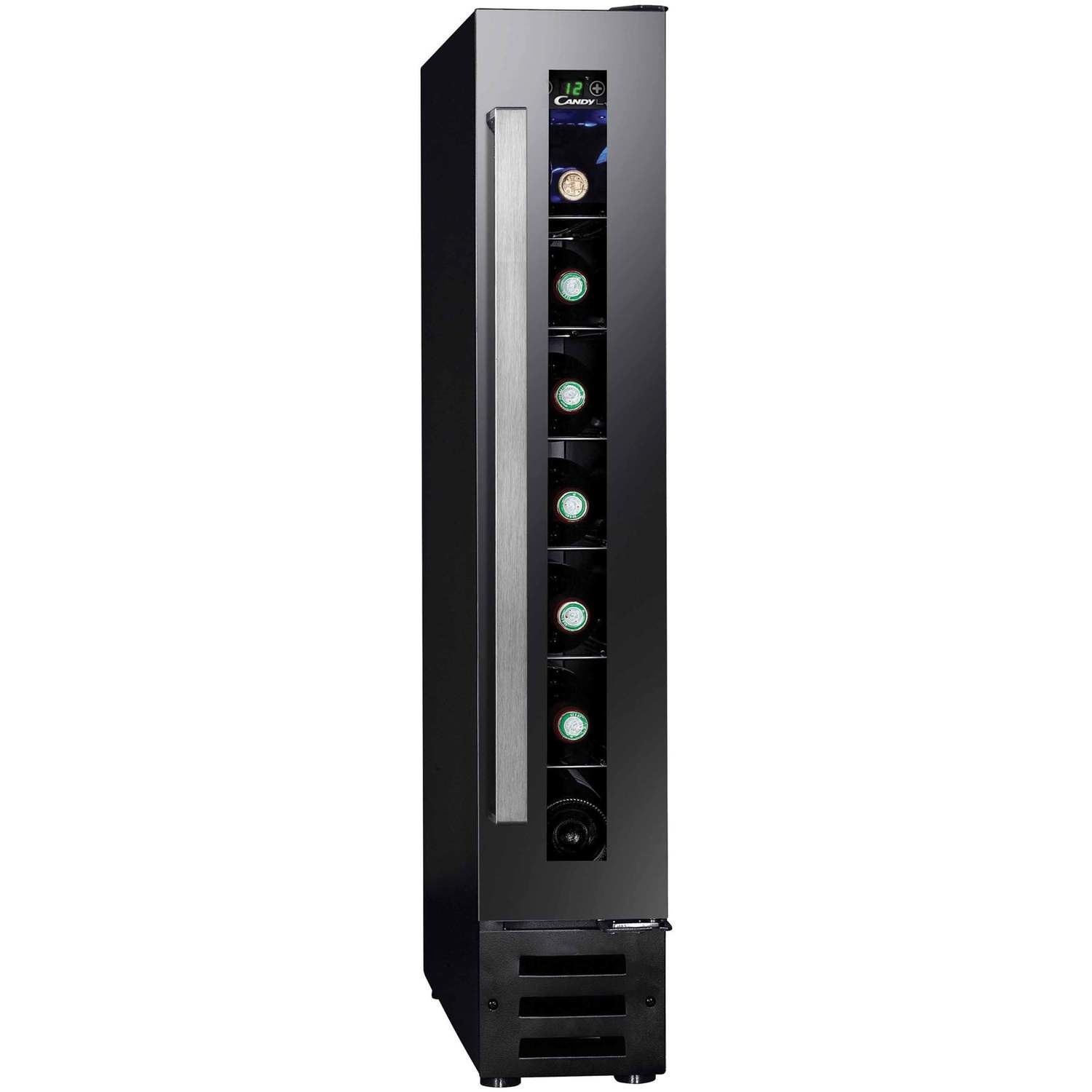 15cm integrated wine cooler by Candy in black, featuring a sleek stainless steel handle, digital display, and capacity for 7 bottles with illuminated shelves.