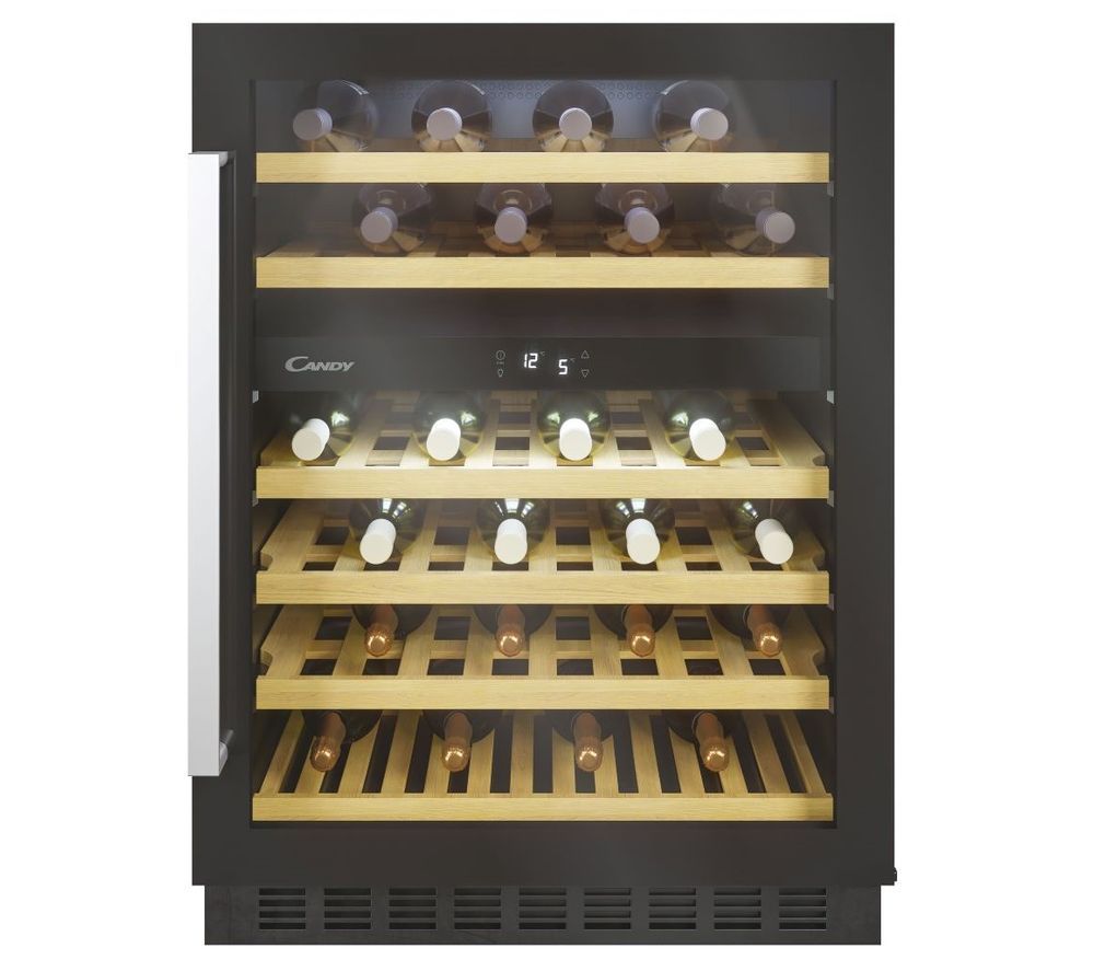 Black dual zone wine cooler with a glass door, wooden shelves holding 46 bottles, and a digital temperature display at the bottom.