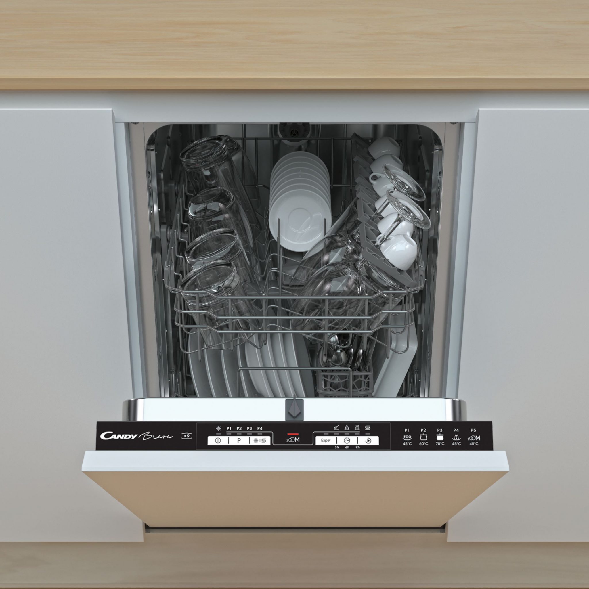 Slimline fully integrated white dishwasher with a sleek design, featuring a control panel with buttons and a display, loaded with clean glassware and dishware inside.