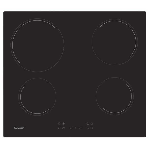 Black glass cooktop with four circular heating zones, featuring touch controls and a sleek, modern design.