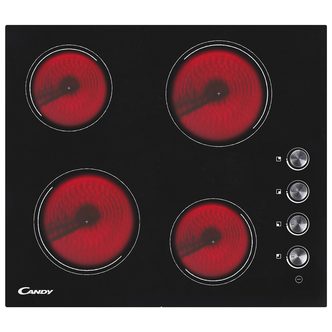 Black ceramic electric hob featuring four red cooking zones and four silver control knobs on the right side for temperature adjustment.