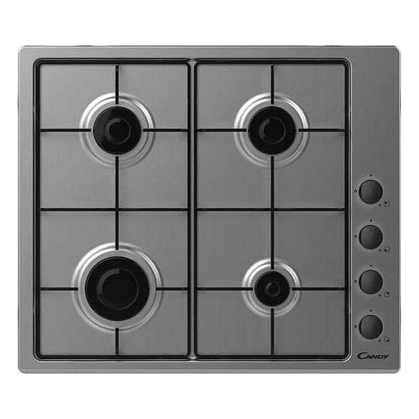 Stainless steel gas cooktop with four burners, featuring black knobs on the right and a grid pattern for pot support.