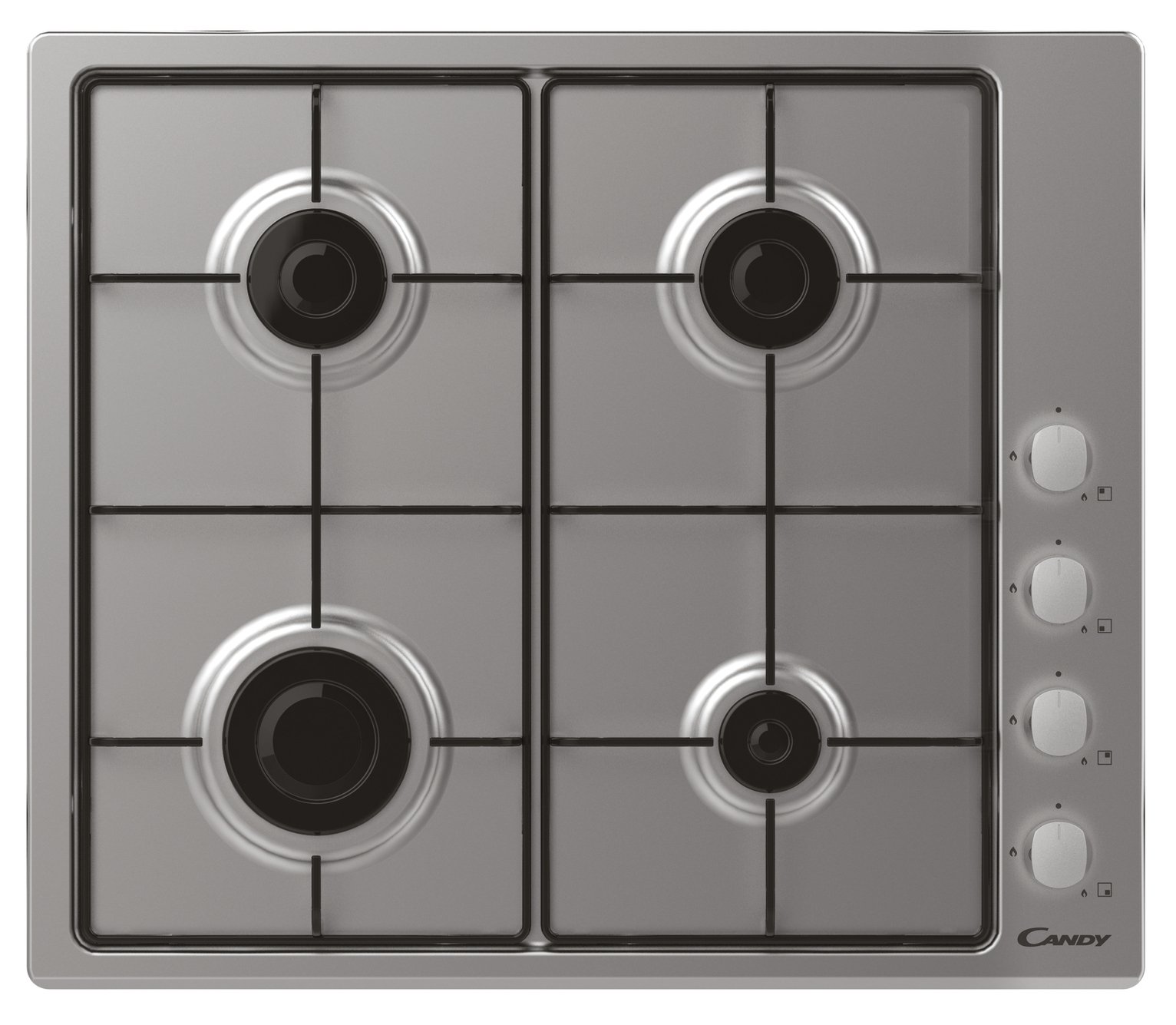 Stainless steel 60cm Candy gas hob featuring four black burners, metal control knobs on the right, and a sleek, modern design suitable for any kitchen.
