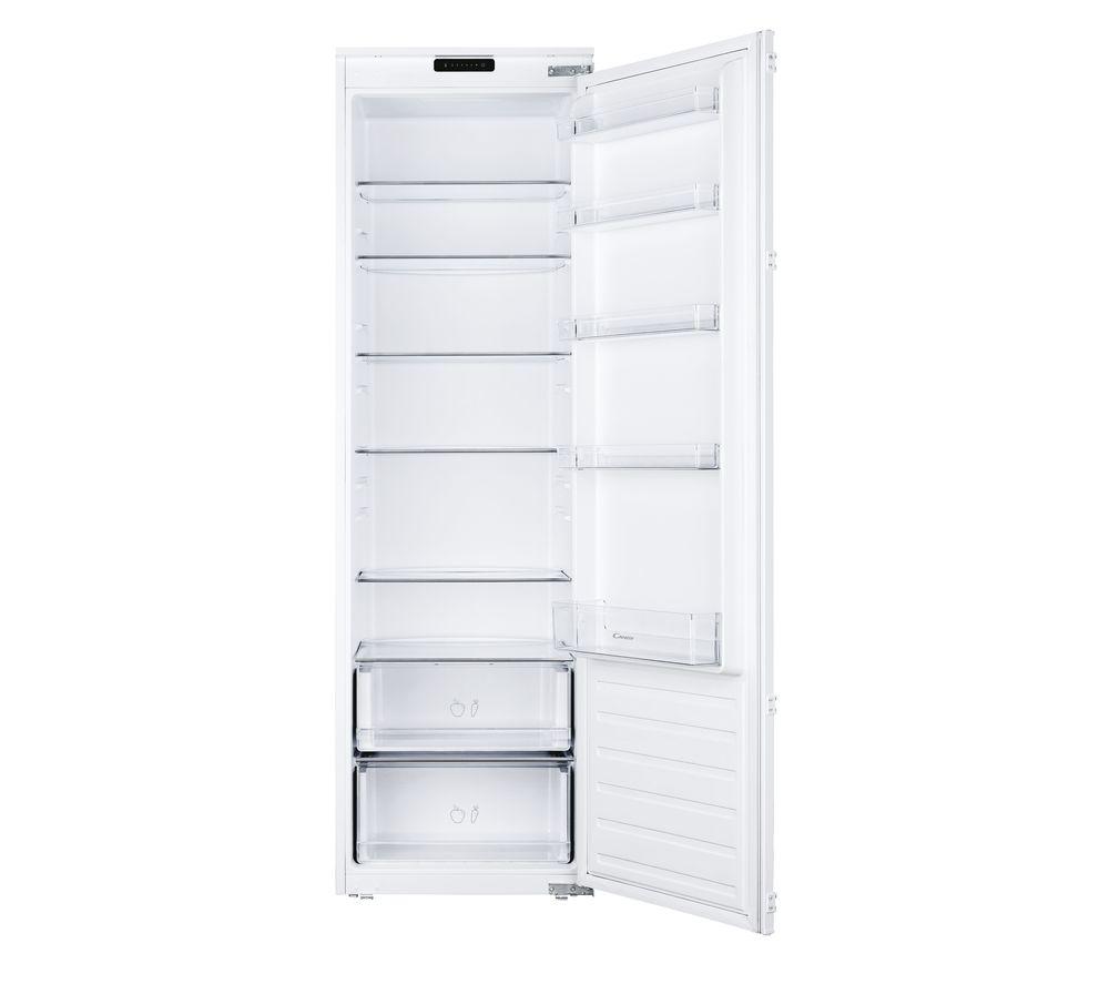 White built-in larder fridge with a sleek design, featuring multiple adjustable shelves, two transparent storage drawers, and a minimalist handle.
