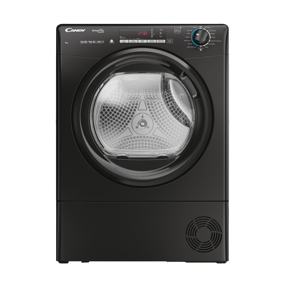 Black Candy Smart Invertor Heat Pump Tumble Dryer with a transparent door, digital display, and control dial, featuring a sleek design and energy-efficient A+++ rating.