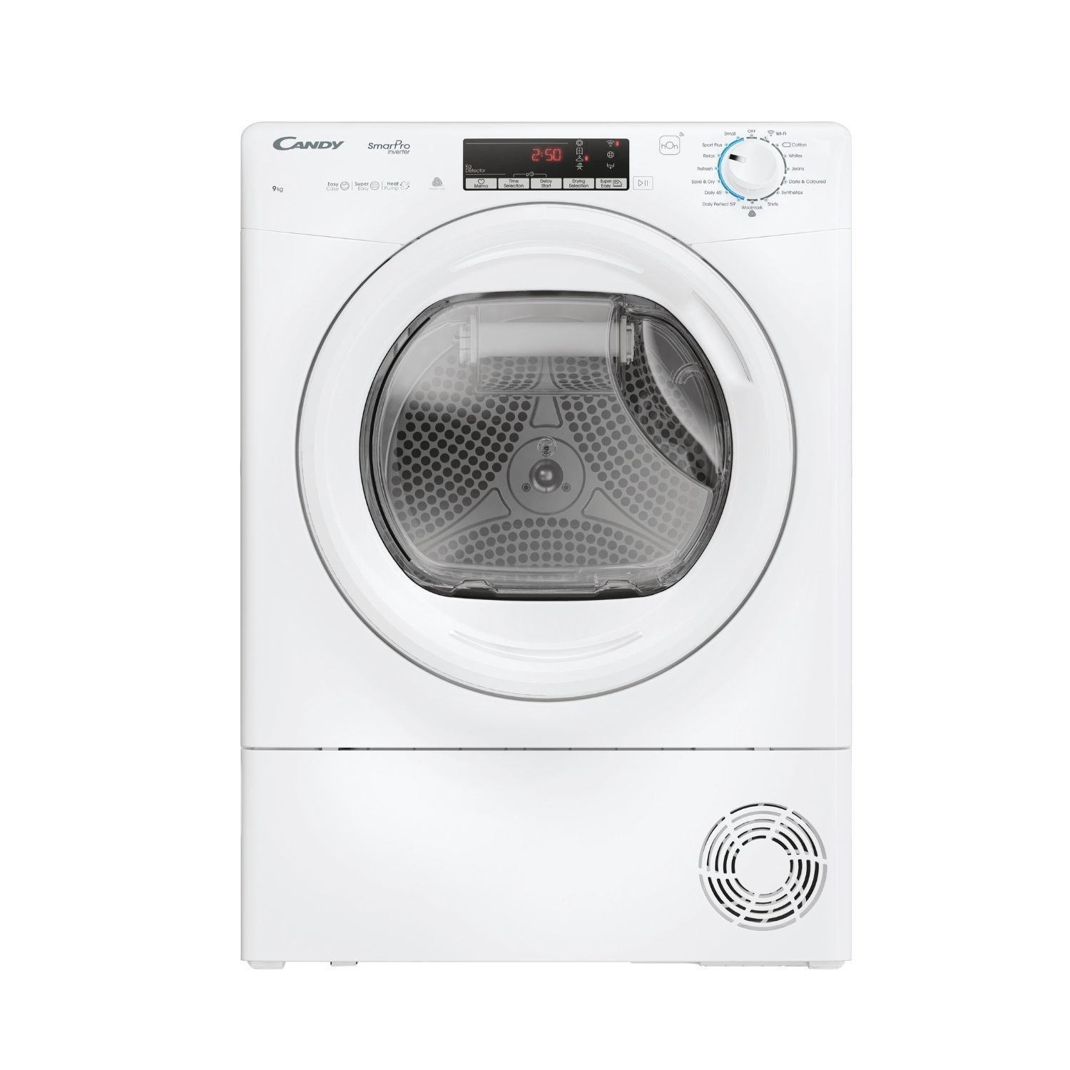 White Candy Smart Pro Inverter Heat Pump Tumble Dryer with a transparent door, digital display, and control knobs, designed for efficient drying with a 9KG capacity.
