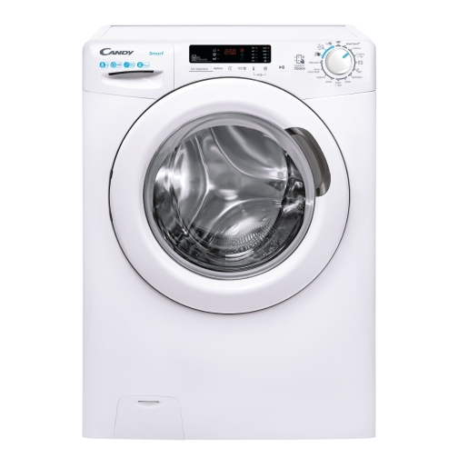 Front-loading washing machine in white with a large glass door, digital display, and control panel featuring blue buttons and a silver dial.
