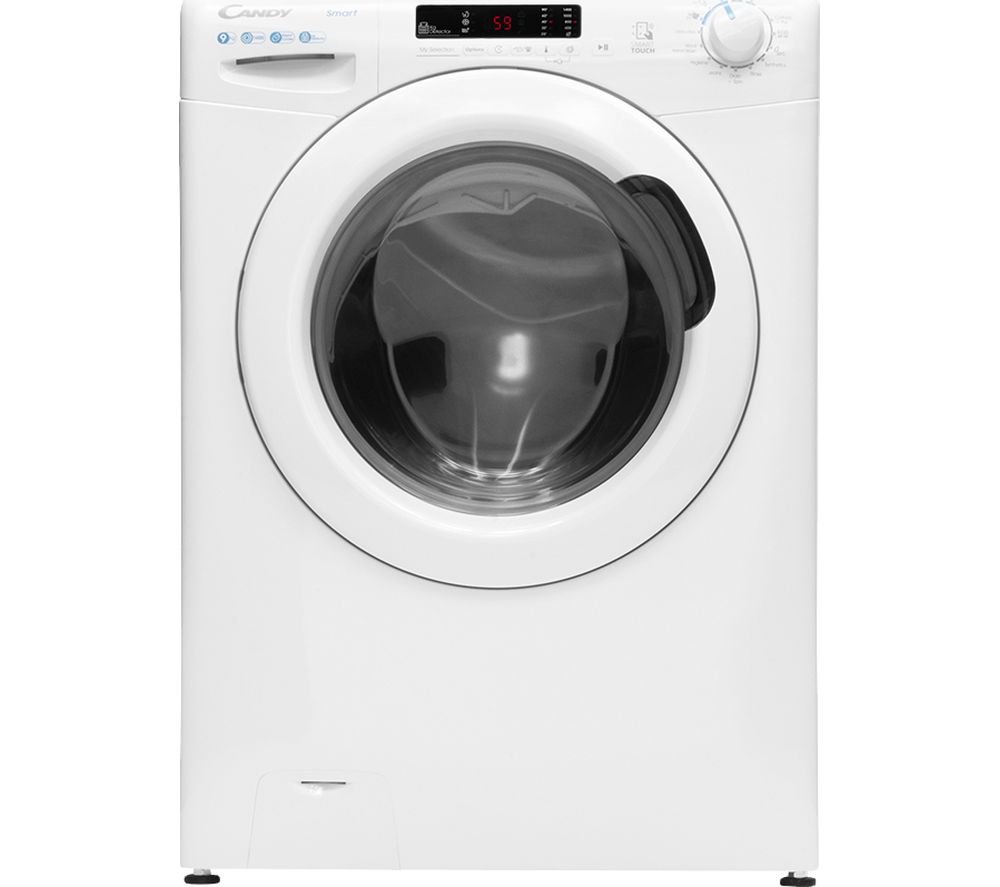 White front-loading washing machine with a transparent door, control panel featuring buttons and a dial, and a digital display showing the time remaining.