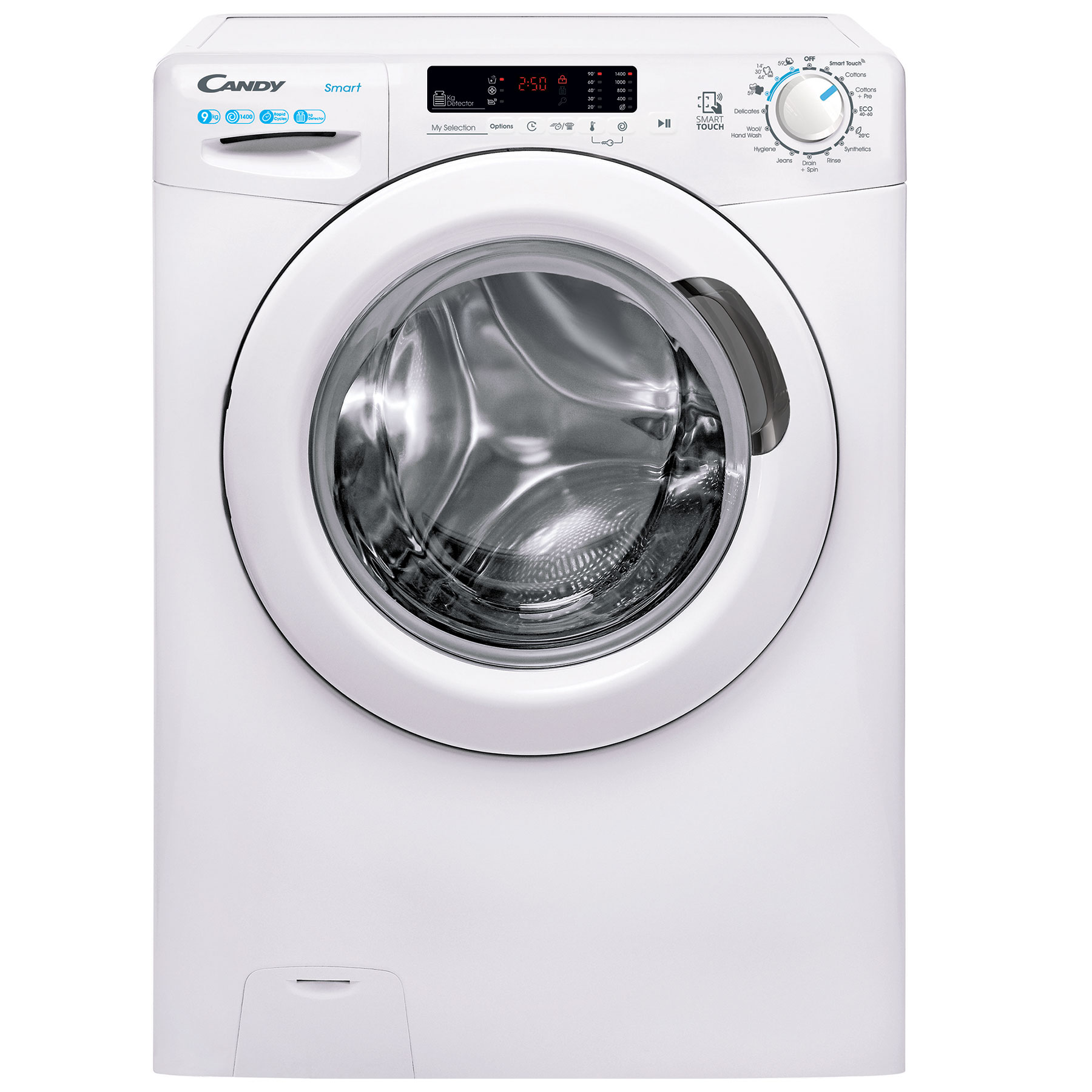 White freestanding washing machine with a transparent front door, digital display, and control knobs, featuring a capacity of 9KG and a spin speed of 1400RPM.