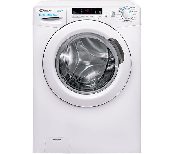 White front-loading washing machine with a large glass door, digital display, control knobs, and buttons, featuring a 9kg capacity and 1400 RPM spin speed.