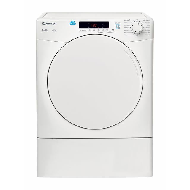White front-loading dryer with a large circular door, digital display, control panel with buttons and dial, and the Candy logo prominently featured at the top.