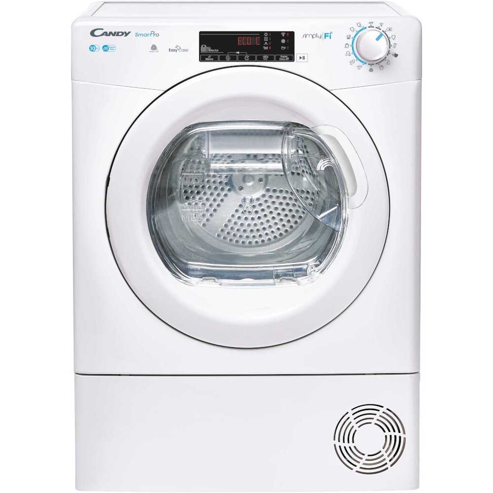 White Candy CSOEC10TE 10kg condenser dryer features a transparent door, control panel with digital display, sensor dry technology, and WiFi connectivity.