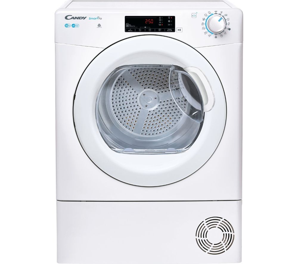 White Candy CSOEC10TG 10kg condenser dryer features a transparent door, control panel with digital display, sensor dry technology, and WiFi connectivity.
