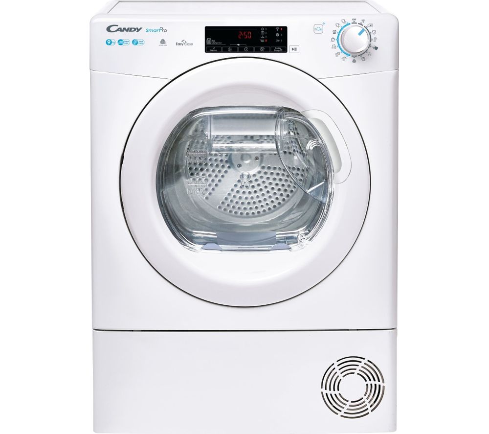 White Candy Smart Pro dryer featuring a transparent door, digital display, and control knobs, designed for efficient laundry drying with a modern aesthetic.