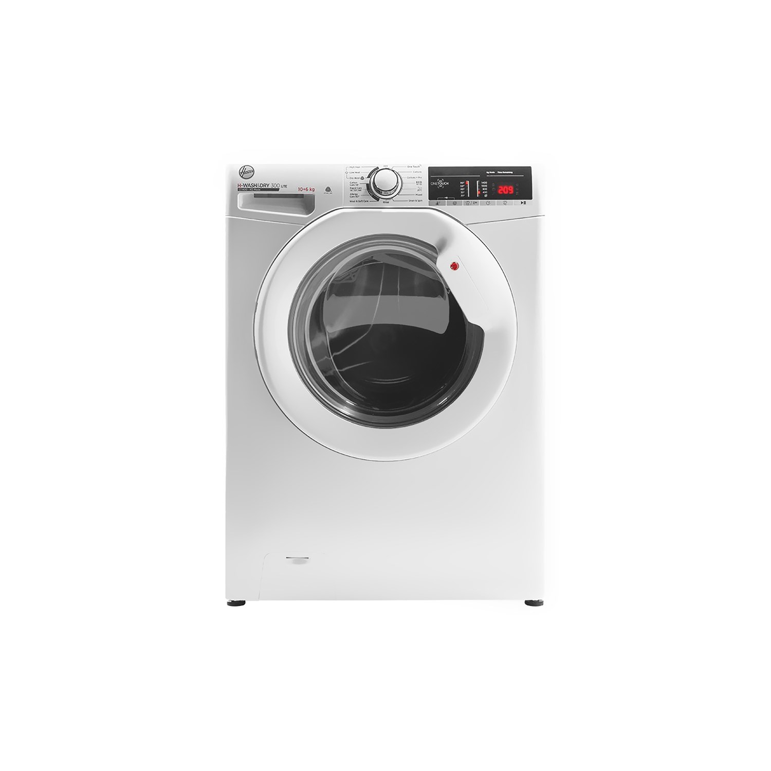 White freestanding washer dryer with a large front-loading glass door, digital display, control panel with buttons, and a capacity of 10.6 kg, featuring a 1400 RPM spin speed.