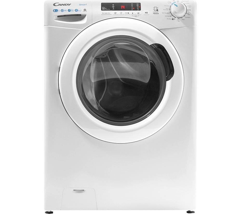 White front-loading washing machine with a large circular glass door, control panel with digital display and buttons, and a sleek, modern design.
