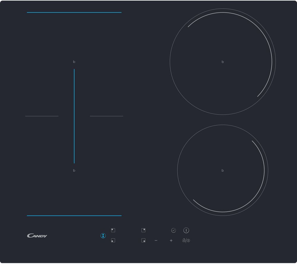 Black four-zone electric induction hob with two circular cooking zones and a central rectangular zone, featuring touch controls and a sleek glass surface.
