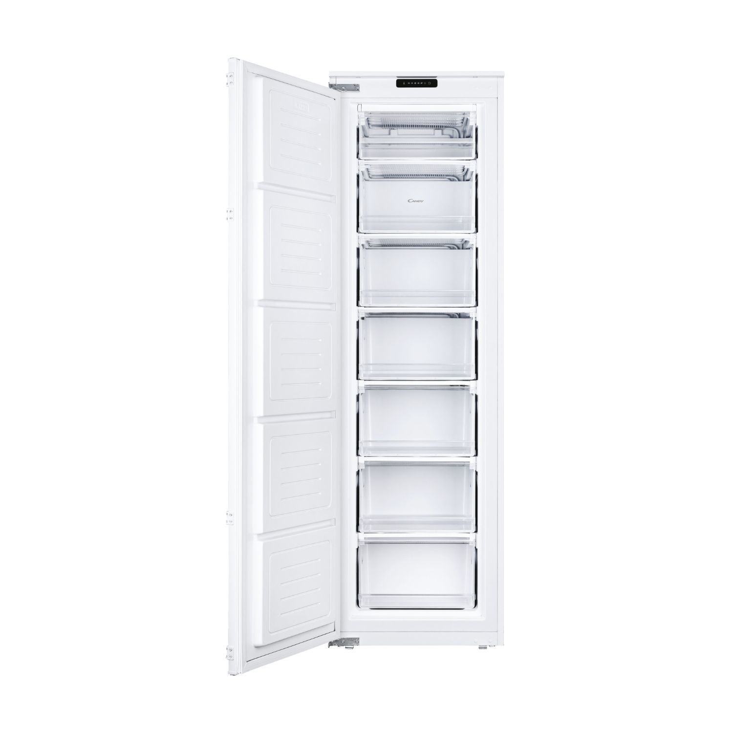White integrated freezer with a sleek design, featuring seven transparent drawers for easy access and organization, and a digital control panel at the top.
