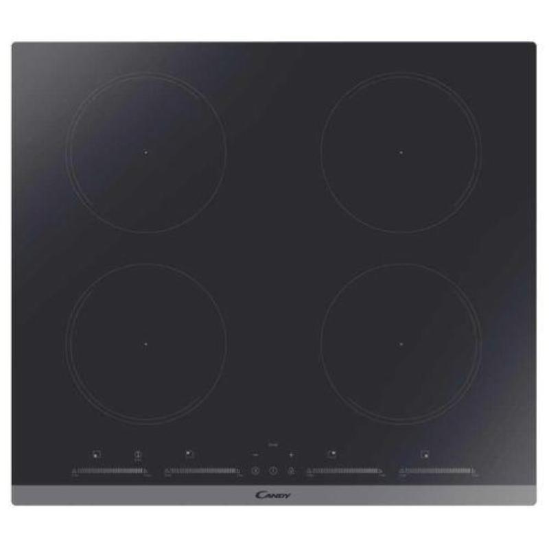 Black glass induction hob featuring four cooking zones, sleek design, touch control panel, and a modern aesthetic, measuring 60cm in width.