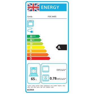 Candy FIDCN403 electric single oven in black, 60cm width, features a 65L capacity, energy rating A, and includes efficiency icons on an energy label.